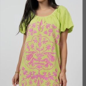 Floral Embroidered Green and Pink Dress